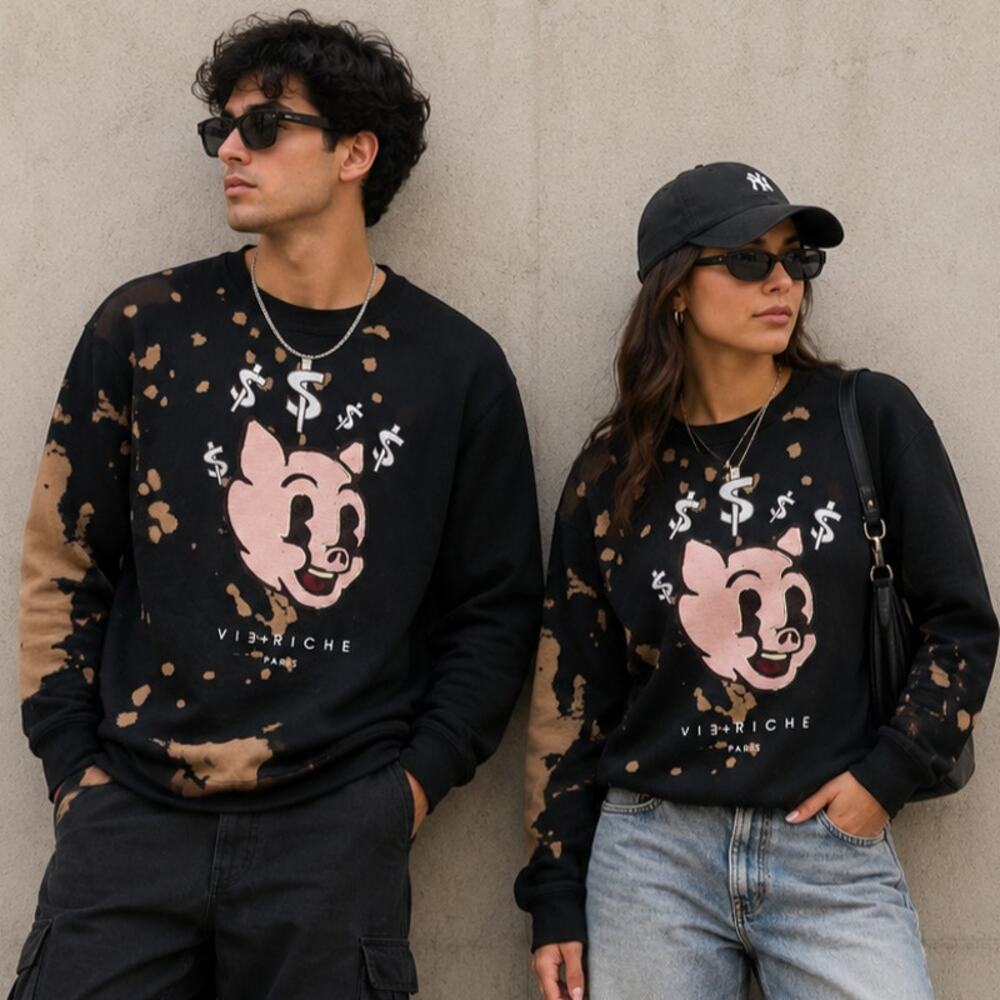 Vie + Richie Sweatshirt Unisex Size M Black Embroidered Pig $ Streetwear Casual